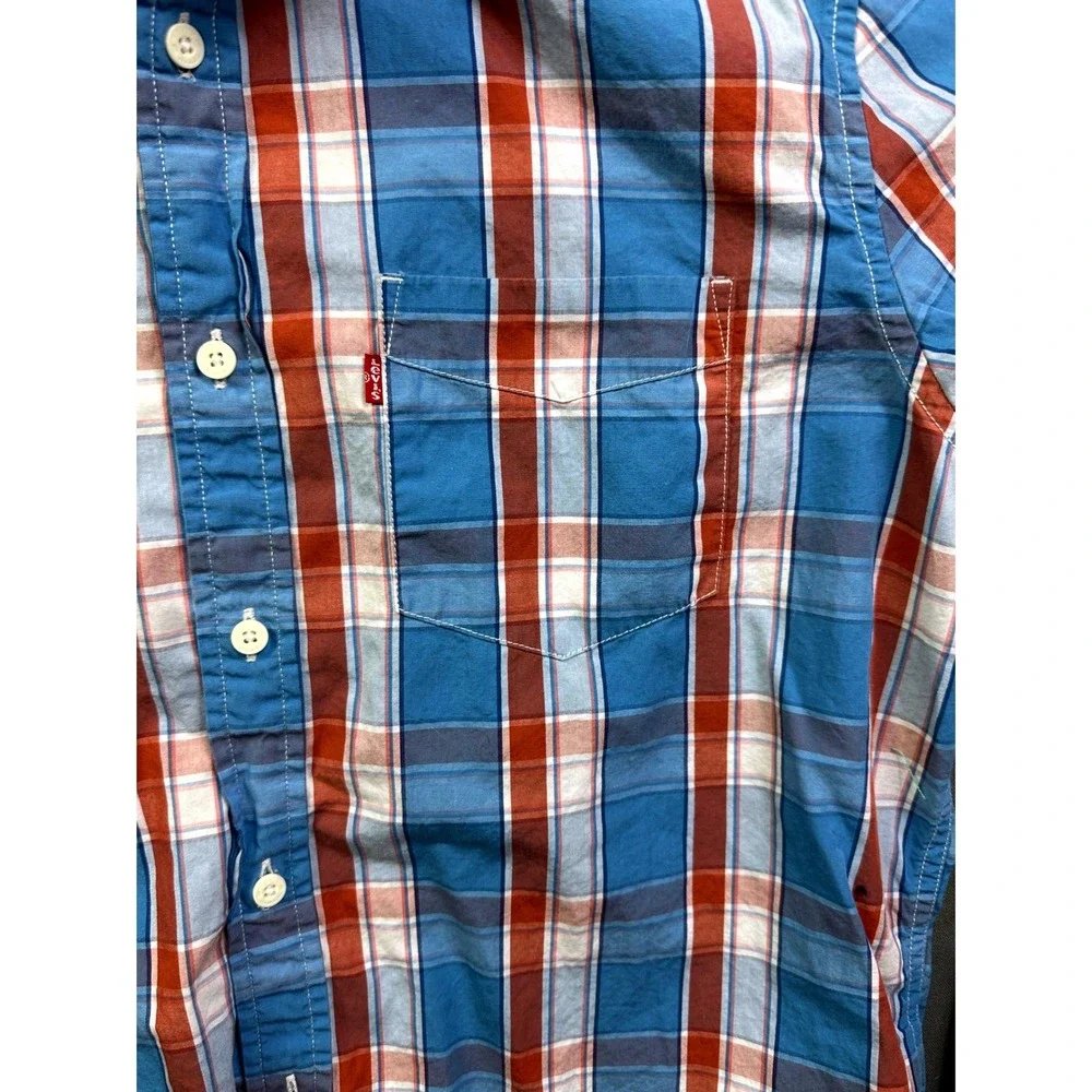 Levis Men's Long Sleeve Plaid Button Down Shirt Blue Orange Standard Fit Large